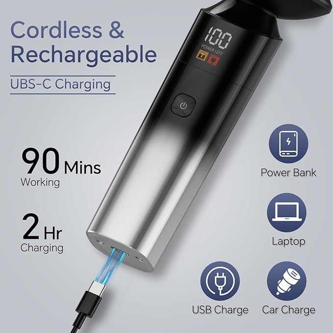 Electric Razor for Men, Rechargeable Electric Shaver for Men, Waterproof 3D Rotary Shaving, Wet/Dry Cordless 3-in-1 Electric Shaver with Beard Trimmer, Sideburn & Nose Hair Groomer