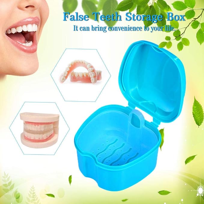 Denture Bath Box Cup, Complete Clean Care for Dentures, Clear Braces, Mouth Guard, Night Guard & Retainers,Traveling (Blue & Purple)