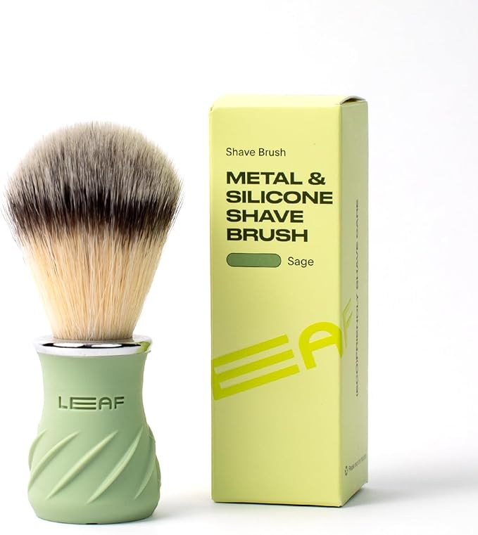Leaf Shave | Leaf Grooming Brush, Metal and Silicone Handle with Measuring Cup for Use with Soap and Bowl Sets, Compatible with Soap Bar and Accessories - Sage
