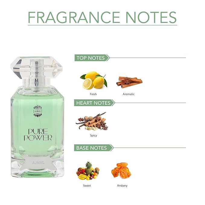 Ajmal Pure Power Eau de Parfum 3.4 oz / 100 ml for Men | Fresh Spicy Woody Fragrance with Citrus, Lavender & Tonka | Long-Lasting Luxury Scent from Dubai