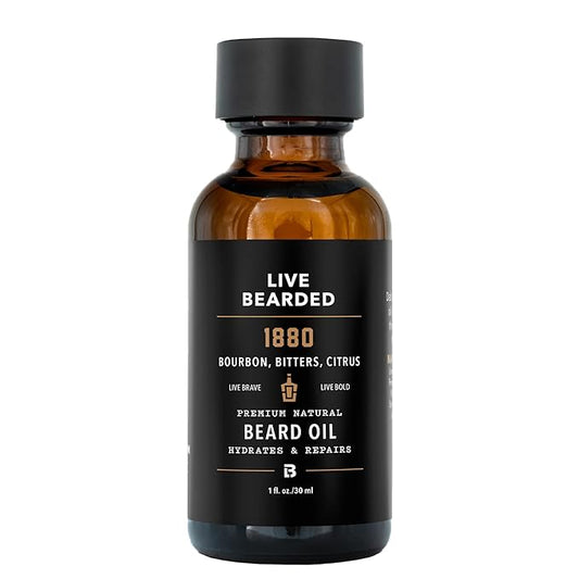 Live Bearded Beard Oil, 1 fl oz - Premium All-Natural Jojoba - Made in the USA - Hair and Skin Care for Men with Dry, Flaky Patches | 1880 Scent - Bourbon, Bitters, Citrus