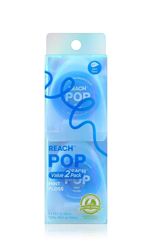 REACH POP Dental Floss, Mint, Plaque Remover for Teeth, Shred Resistant, Vegan Wax, Cruelty Free, Eco Friendly Packaging, Oral Care, PFAS Free, for Adults & Kids, 2 Pack, 54.6 yd