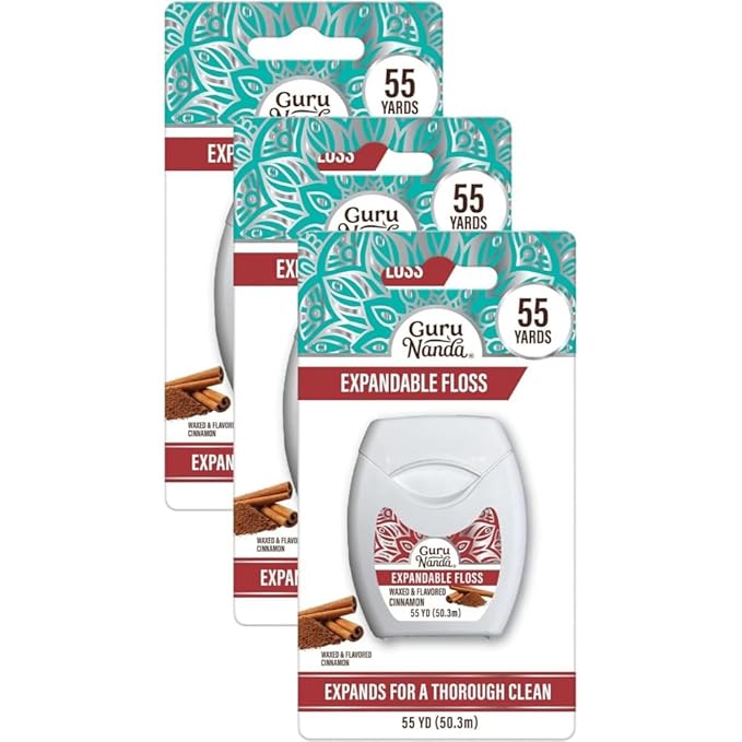 GuruNanda Dental Floss, Cinnamon, Pack of 3, Waxed | 55 Yards | Expandable | Gentle Cleaning | For Wide Teeth