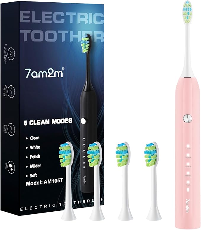 7AM2M Sonic Electric Toothbrush for Adults and Kids, 40000 VPM High-Powered with 4 Brush Heads & 5 Modes, One Charge for 90 Days, 2 Minutes Built-in Smart Timer, Rechargeable Toothbrushes, Pink