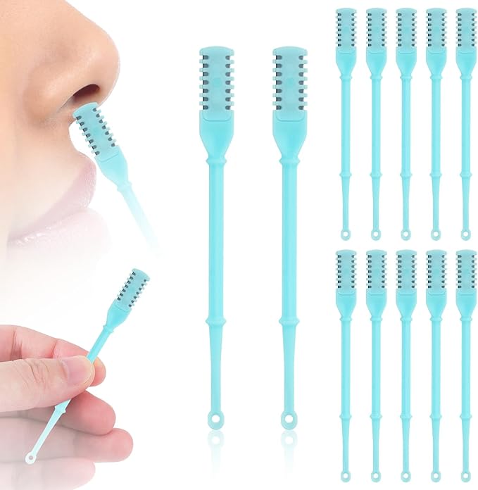 PEUTIER 12pcs 2 in 1 Nasal Hair Cutter, 360 Rotating Nose Hair Trimmer for Men Women Double Sided Nose Hair Cleaner with Ear Picker Portable Manual Nostril Hair Removal Tool (Blue)