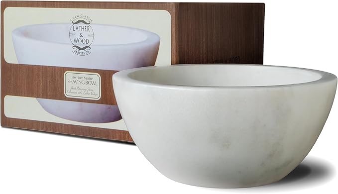 Lather & Wood Marble Shaving Cream Bowl - Premium Stone Holds Heat with Lather Ridges - White