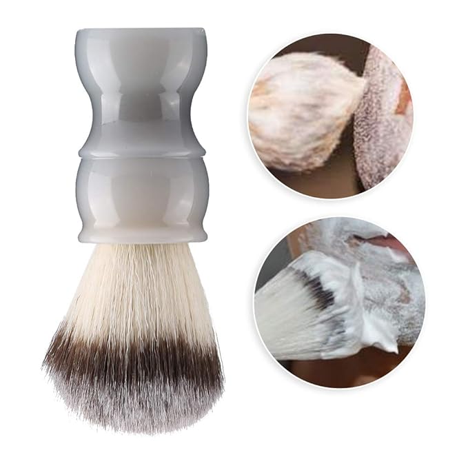 Professional Manual Beard Shaving Brush, Men Mustache Brush with Dense Nylon Hair, Barber Brush for Softening Beard and Creating Rich Lather, Portable Travel Shaving Brush for Salo (Gray White)
