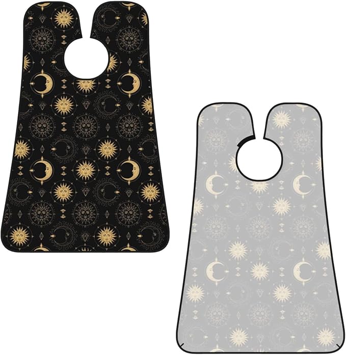 Stretchable Beard Cape, Non-Stick Hair Catcher for Trimming, Waterproof Grooming Apron, Sun Moon Star Gold Black