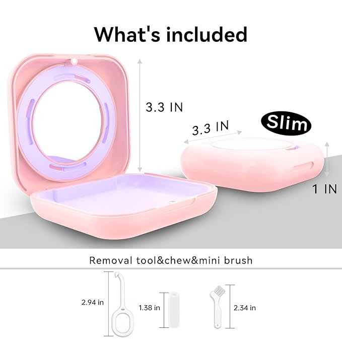 HEMILAB® Retainer Case, Slim Aligner Case with Vent Holes, Compatible with Invisalign, Mouth Guard Case with Mirror, Cute Orthodontic Retainer Case with Retainer Removal Tool and Brush, Pink