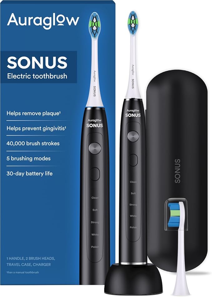 AURAGLOW Sonic Electric Toothbrush for Adults – Rechargeable, 40,000 VPM, 5 Modes, Removes 10x More Plaque, IPX7 Waterproof, Wireless Charging, 30-Day Battery, 2 Brush Heads & Travel Case
