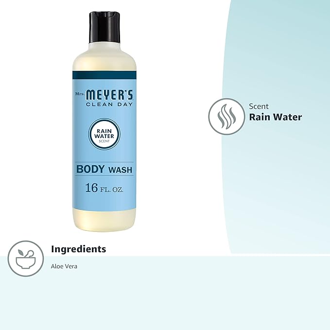 Mrs. MEYER'S CLEAN DAY Moisturizing Body Wash for Women and Men, Shower Gel Formula Made with Essential Oils, Rain Water, 16 oz (Pack of 2)