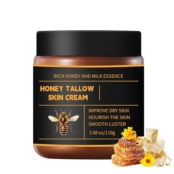 Beef Tallow Honey Balm for Skin & Face, Whipped Beef Tallow Face Moisturizer with Honey, Grass Fed Beef Tallow Cream, All Natural Pure Body Lotion for Women & Men Dry Sensitive Skin, 3.88 OZ