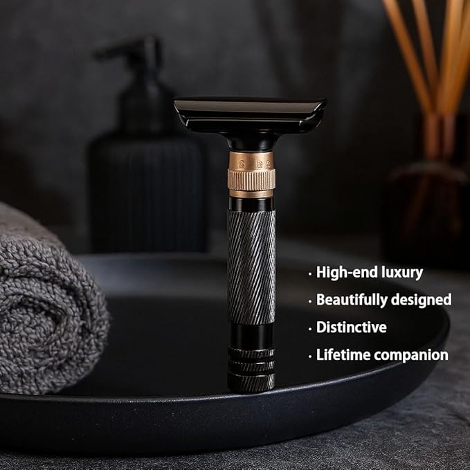 Luxurious and beautifully adjustable double-edged safety razor with 10 platinum-plated stainless steel razor blades, reusable razor kit, eco-friendly, smooth close shave (Glossy Black)