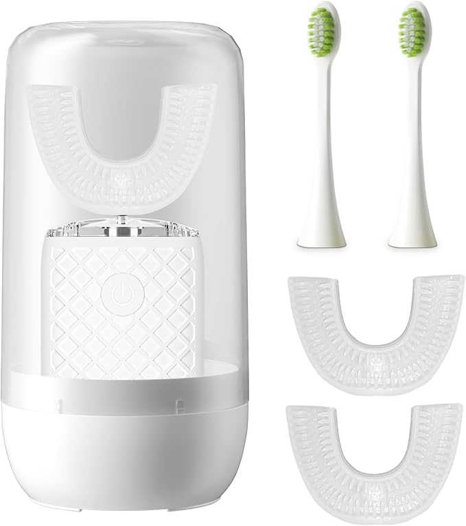 Adult Sonic Automatic Electric Toothbrush, 360° Oral Cleaning Stain Whitening, IPX7 Waterproof Rechargeable, u-Shape Brush Head*3+Straight Handle Brush Head*2 (White - Cup)