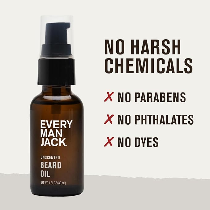 Every Man Jack Unscented Beard Oil for Men - Fragrance Free for Sensitive Skin - Naturally Moisturizes and Softens Beard w/Shea Butter & Argan Oil - 1 fl oz (2 pack)