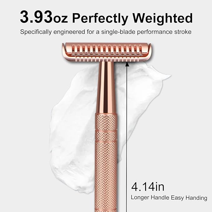 Single Blade Razors for Women, Stainless Steel Safety Razor with 10 Double Edge Blades, Reusable Metal Razor, Smooth Close Gentle Shave, Plastic Free, Rose Glod