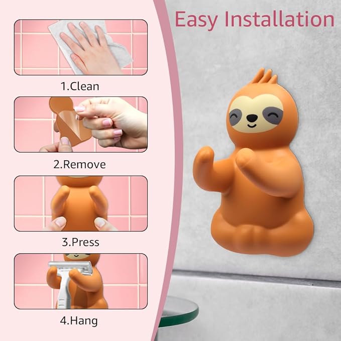 Razor Holder for Shower, Funny Sloth Safety Razor Stand for Women, Razor Hanger for Family, Towel Squeegee Shaver Hooks for Bathrooms Wall, Cute Decorative Shaver Hooks for Friend Sister D