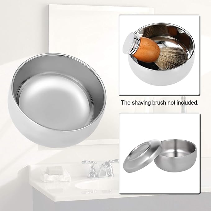 Yinhing Stainless Steel Shaving Bowl, Shave Cream Soap Brush Holder for Beard Cleaning, Smooth Surface with Cover, Lightweight Durable Shaving Mug for Men
