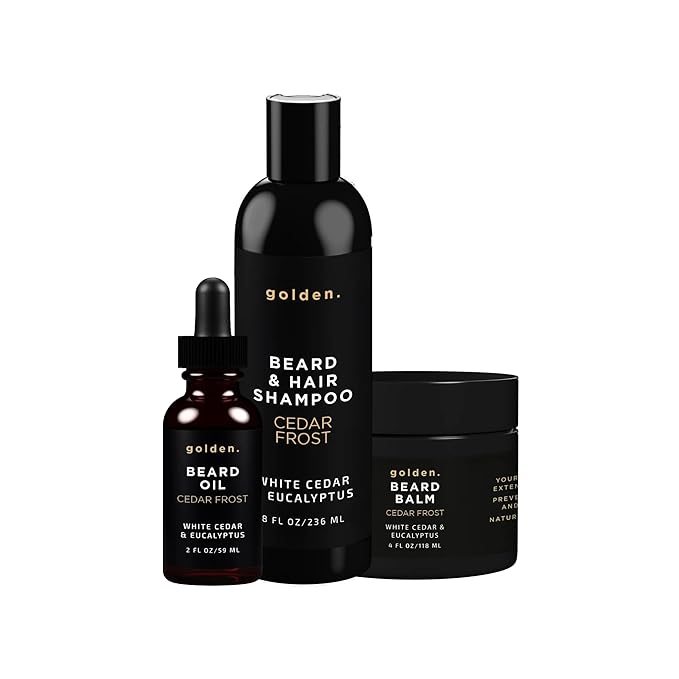 Golden Grooming Co. Everyday Beard Bundle – Complete Beard Care Set | Includes Beard Oil, Balm & Shampoo (XL, Cedar Frost)