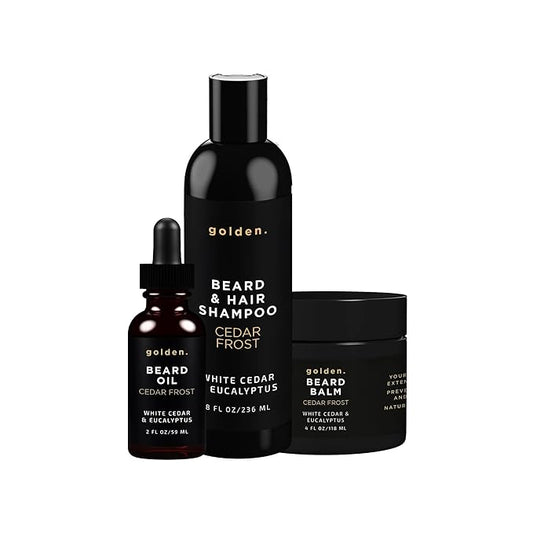 Golden Grooming Co. Everyday Beard Bundle – Complete Beard Care Set | Includes Beard Oil, Balm & Shampoo (XL, Cedar Frost)