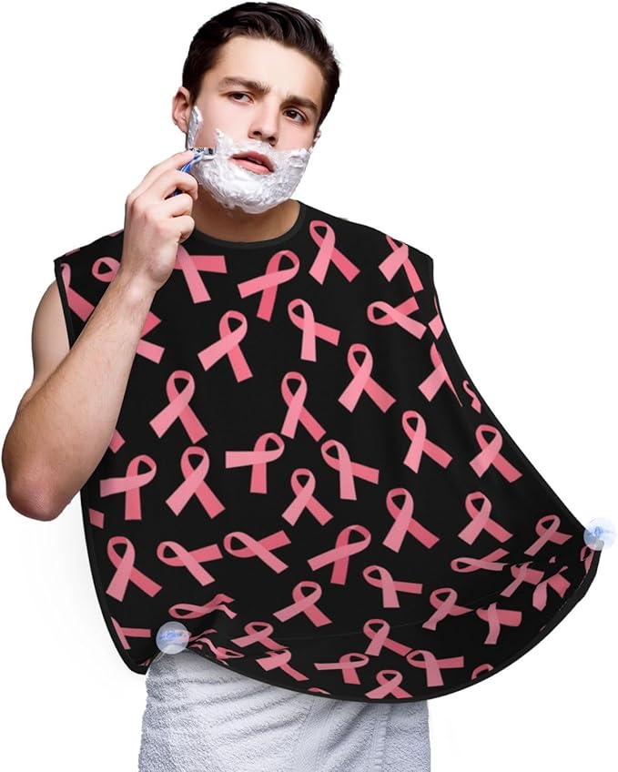 Beard Apron Hair Catcher, Breast Cancer Awareness Ribbons Pink Shave Bib, Waterproof Non-Stick Shaving Bib, Trimming Grooming Tool for Dad Men Anniversary