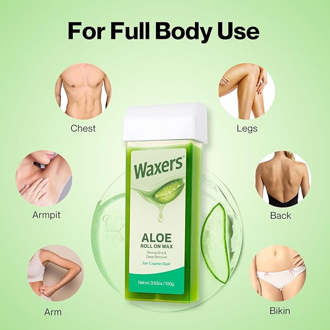 Roll on Wax Kit Aloe Vera Waxing Roller Depilatory for Women & Men Waxing Kit for Hair Removal for Larger Areas at Home with Heater & Strips