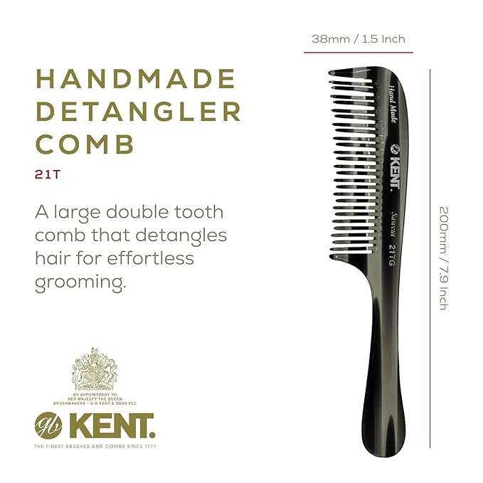 Kent 21T Black Graphite Large Wide Tooth Detangling Comb, for Thick Curly Wavy Hair. Handled Comb For Wet and Dry Hair. Handmade of Quality Cellulose, Saw-Cut Hand Polished, Made in England