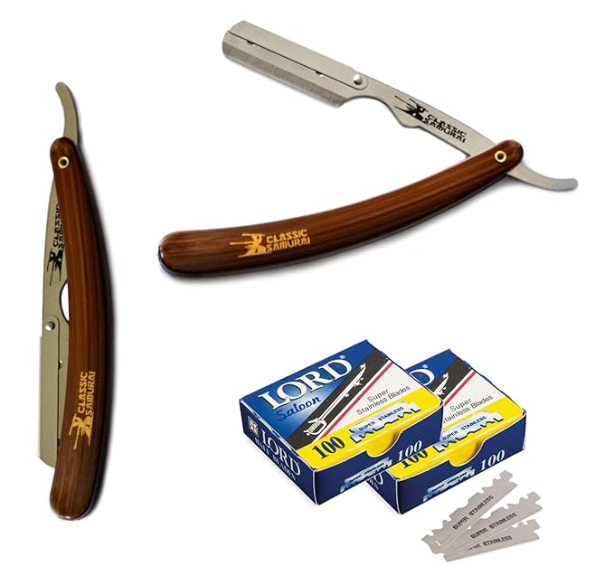 Stainless Steel Professional Barber Folding Straight Edge Razor Shavette Men's Shaving Kit with 200 Count Lord Single Edge Razor Blades (Brown)