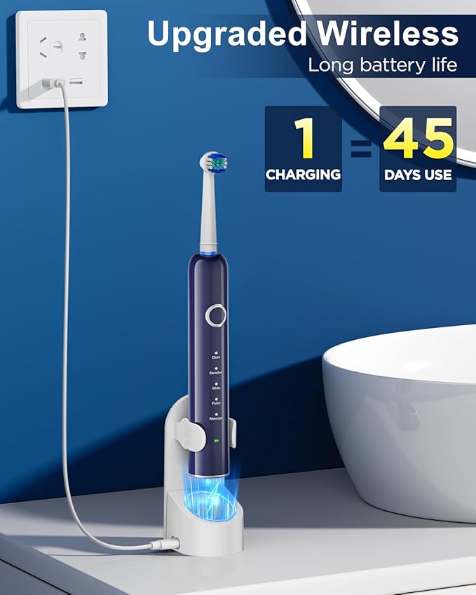 Rotating Electric Toothbrush for Adults, 8 Brush Heads (2 Types) & Travel Case, 5 Cleaning Modes Rechargeable Power Toothbrush with 2-Minute Smart Timer, Blue