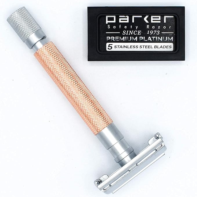 Parker 74R Rose Gold – Long Handle Butterfly Open Safety Razor for Men | Heavyweight Double Edge Razor Includes 5 Premium Platinum Blades