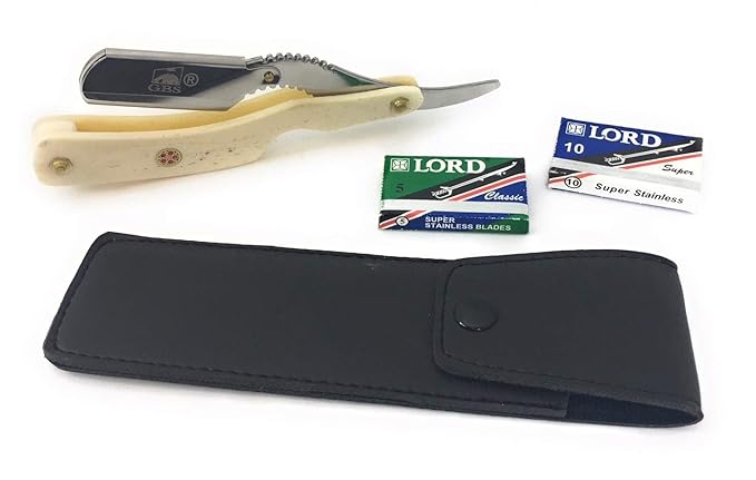 G.B.S Classic Straight Edge Long Scales Folding Razor, Barber Shavette Leather Case 10 Blades, Ivory Horn