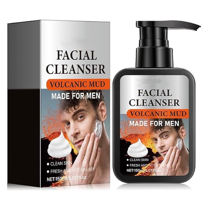 Volcanic Mud Facial Cleanser - Deep Pore Cleansing & Oil Control, Gentle Formula with Coconut Oil & Vitamin C, Face Washing, Mens Beard Face Wash, Exfoliates Skin, Moisturizing for All Skin Types
