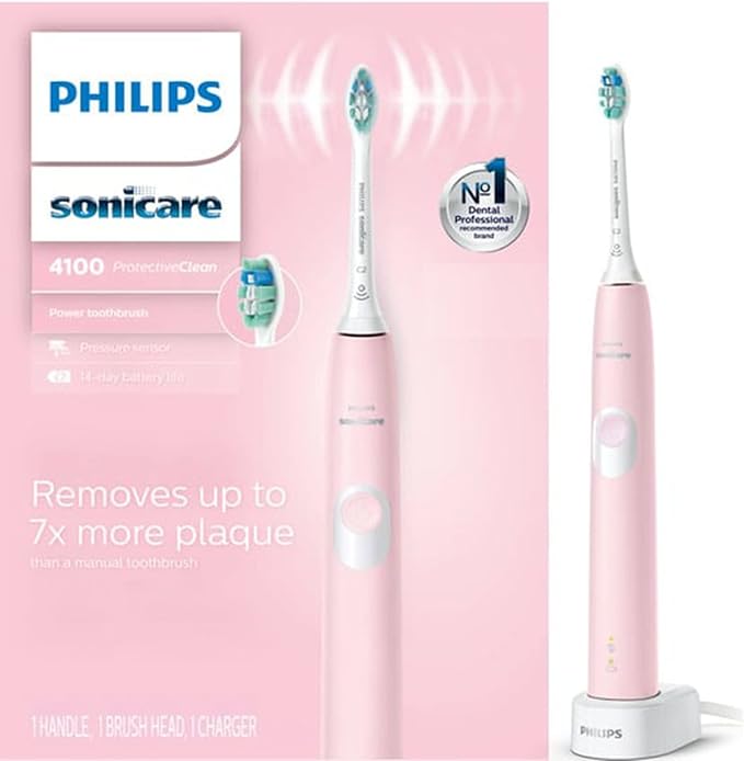 Philips Sonicare ProtectiveClean 4100 Electric Rechargeable Toothbrush, Plaque Control, Pastel Pink, Phi0304, 1.0 Count
