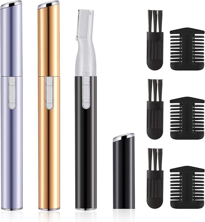 Landhoow 3 Pcs Electric Eyebrow Trimmer Women Facial Hair Remover Mini Precision Shaver with Adjustable Comb and Brush Women Gift Battery Operated for Face Neck Fuzz Lips Leg(Gold, Purple, Black)