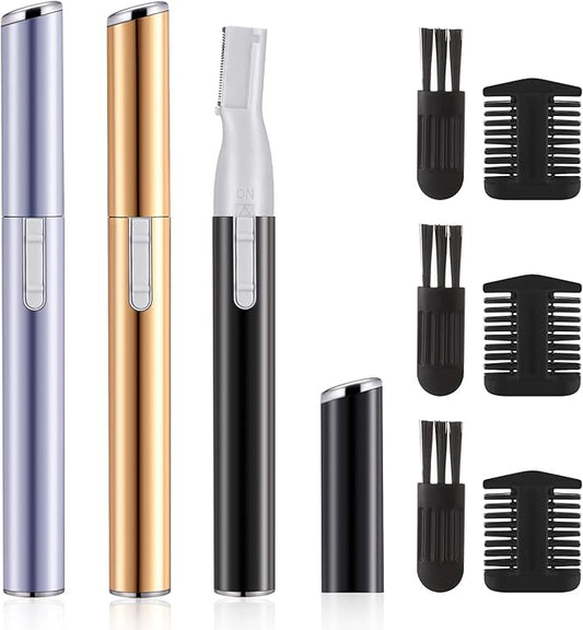 Landhoow 3 Pcs Electric Eyebrow Trimmer Women Facial Hair Remover Mini Precision Shaver with Adjustable Comb and Brush Women Gift Battery Operated for Face Neck Fuzz Lips Leg(Gold, Purple, Black)