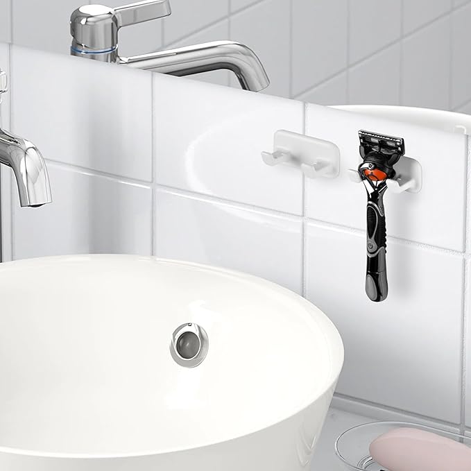 Linkidea 2 Pack Razor Holder with Self-Adhesive, Shower Hook for Razor, Bathroom Organizer for Shaver, Robe, Towel, Loofah, Compatible with Gillette Fusion 5 Power, Sensor 3(White)