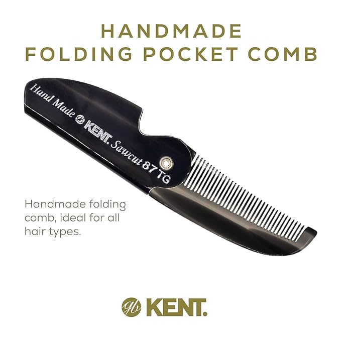 Kent 87T Black Graphite Handmade Folding Pocket Comb for Men, Fine Tooth Hair Comb Straightener for Everyday Grooming Styling Hair, Beard or Mustache, Saw Cut Hand Polished, Made in England (2 Pack)
