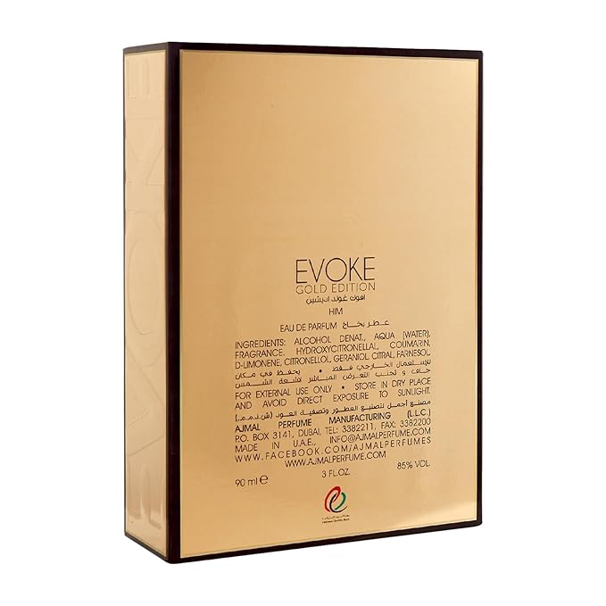 Ajmal Evoke Gold Edition Eau de Parfum 3.0 oz / 90 ml for Men | Fresh Spicy & Woody Oriental Fragrance | Long-Lasting Dubai Luxury Scent