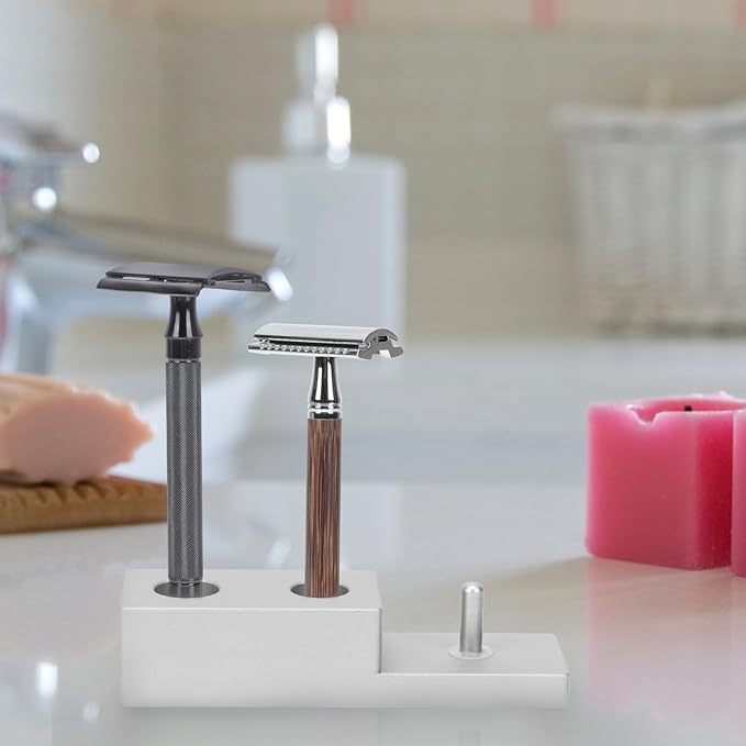 Uonlytech Zinc Alloy Razor Holder and Shaving Brush Stand Three-in-one Practical Razor Organizing Rack for Men’s Bathroom Shaving Accessories