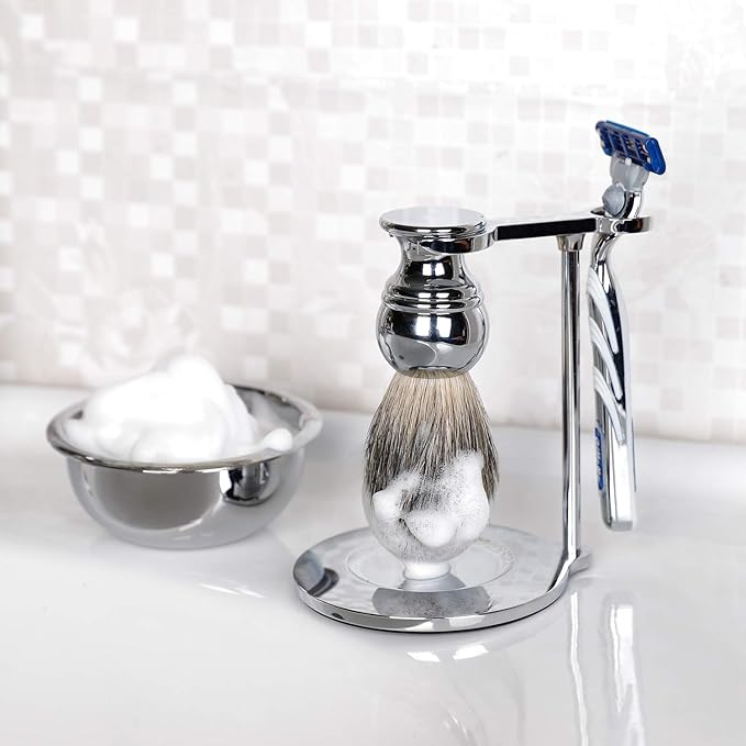 SANWA Deluxe Heavyweight Shaving Brush Razor Stand with Unbreakable Stainless Steel Shaving Bowl Set,Compatible with Gillette Fusion and Double Edge Safety Razor,Cartridge Razor
