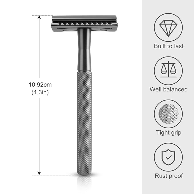 Safety Razor for Men & Women - Double Edge Single Blade Razor with 10 Blades, Reusable One Blade Razor for Close Shave (Mens & Womens Razor, Eco-Friendly)-Black