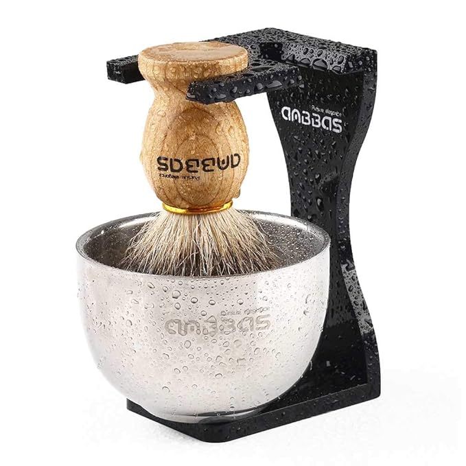Anbbas Pure Badger Shaving Brush with Wood Handle and Shaving Bowl 2 Layers Stainless Steel,Black Acrylic Thicken Shaving Stand for DE Razor