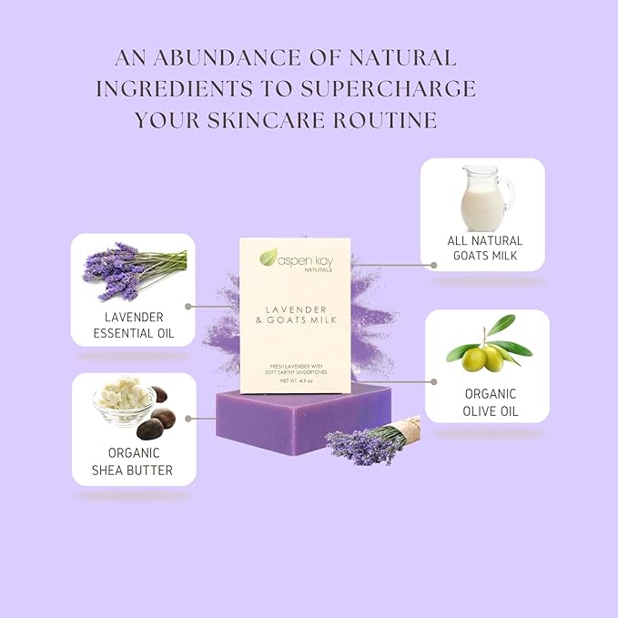 Aspen Kay Naturals Lavender and Goats Milk Soap Bar. Natural Lavender Soap with Organic Shea Butter & Pure Essential Oils. Gentle for Face and Body. For Men, Women & Teens. Handmade in USA. (3 pack)