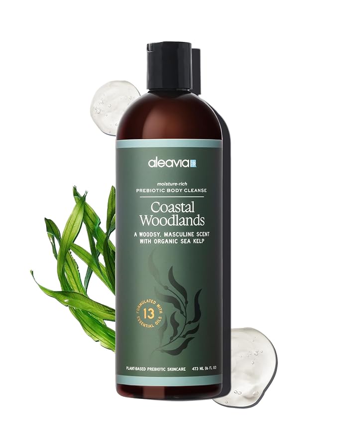 Aleavia Coastal Woodlands Mens Body Cleanse – Organic & All-Natural Prebiotic Body Wash for Men, Woodsy Notes Scented with 13 Essential Oils, – Nourish Your Skin Microbiome – 16 Oz.