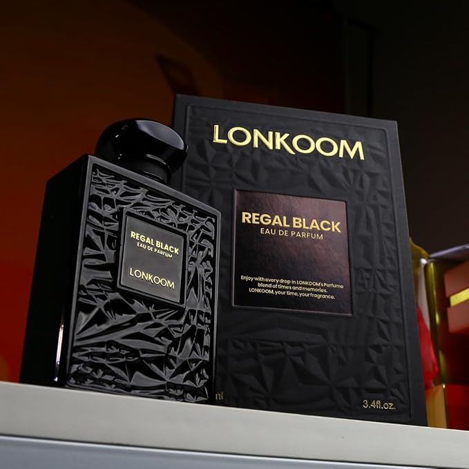 LONKOOM Regal Black Perfume for Men, Woody Spicy Eau De Parfum Spray Long-Lasting Fragrance Cologne 3.4 Fl Oz/100ml, Notes of Frankincense Black Pepper Bergamot Vetiver Papyrus Sandalwood Rose Saffron