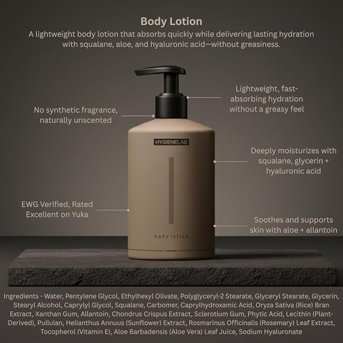 HygieneLab Body Lotion for Men – EWG Verified, Ultra Hydrating, Non-Toxic, Fast-Absorbing, Fragrance-Free, Unscented, Paraben-Free, Sulfate-Free, Daily body lotion for Dry Skin & Sensitive Skin, 12oz