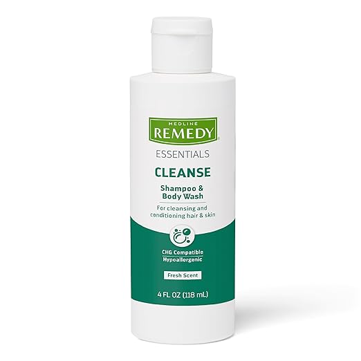 Medline Remedy Essentials Shampoo and Body Wash (4 fl oz), Full Body Cleanser with Aloe, For Adults & Elderly, Easy Rinse Gel for Bath, Shower or Bedside Bathing