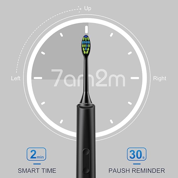 7AM2M Sonic Electric Toothbrush for Adults and Kids, 40000VPM Power Toothbrushes, Fast Rechargeable with 4 Brush Heads, 5 Modes, 2 Minutes Built in Smart Timer, One Charge for 60 Days (Black)