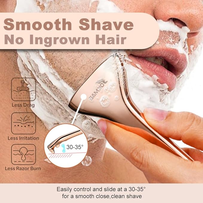 Single Blade Razors for Men and Women, Reusable Modular Safety Razor with Magnetic Head and Metal Non-Slip Grip, 10 Single Edge Razor Blades & Leather Case,Rose Gold Whiskers