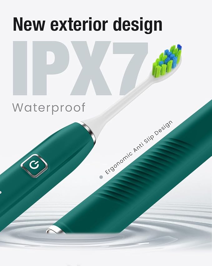 7AM2M Ultrasonic Electric Toothbrush with 6 Brush Heads for Adults&Kids, Type C Charging, One Charge for 120 Days, 5 Modes&40000VPM Powered Toothbrush, 2 Minutes Built in Smart Timer (Peacock Green)